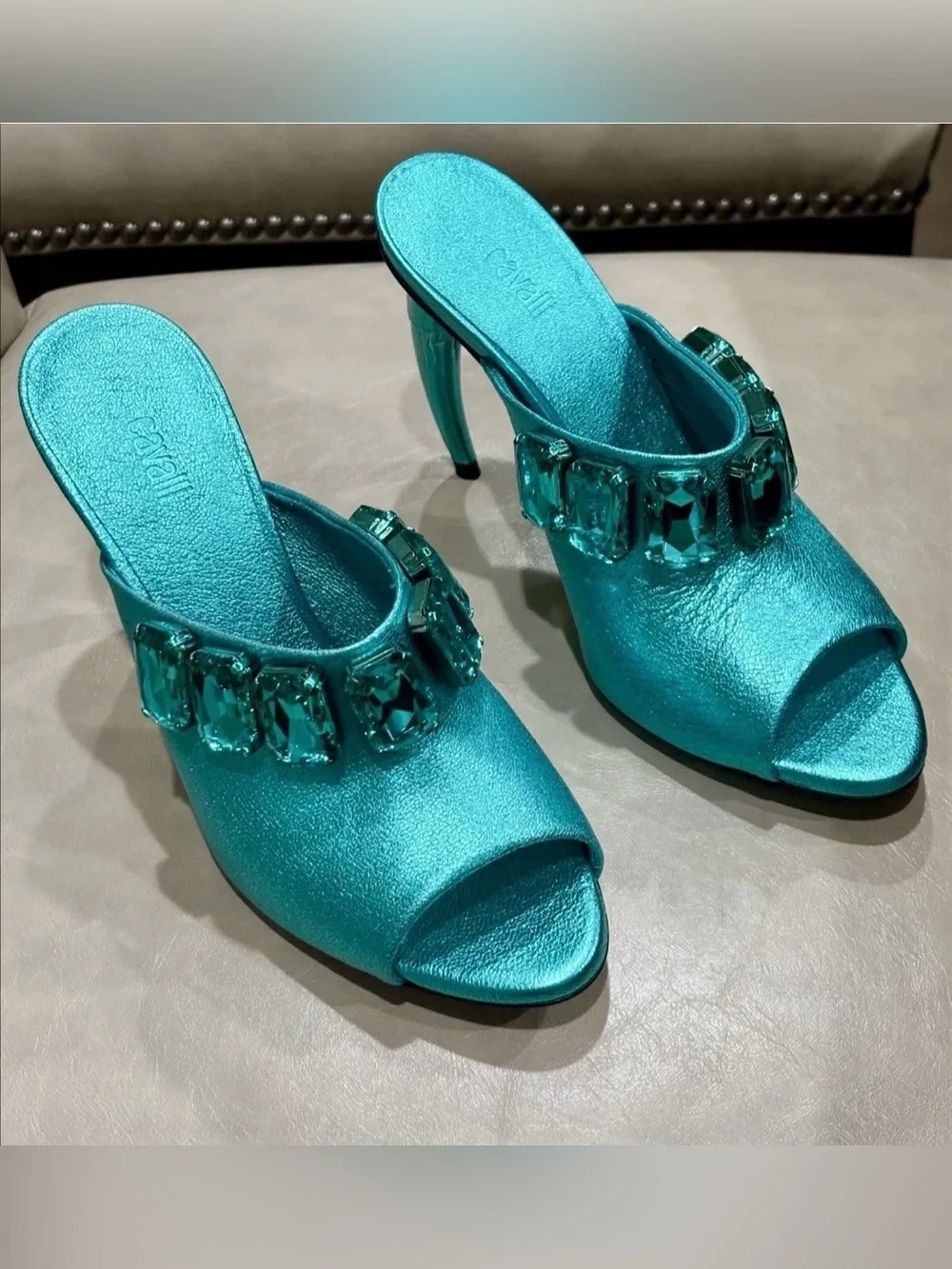 Roberto Cavalli  Turquoise Crystal Heels  EUR size 36.5.   US 6. Comes With COA.